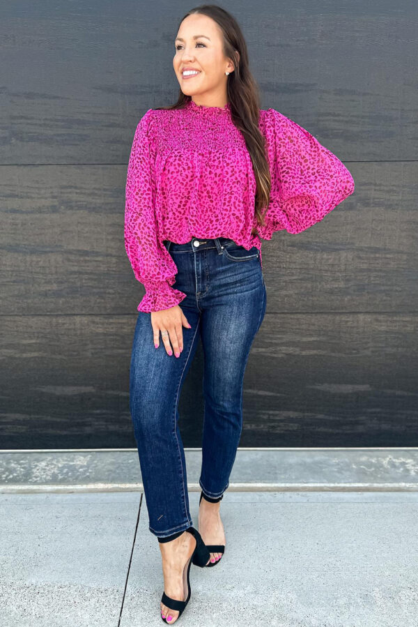 Rose Leopard Shirred Puff Sleeve Flowy Blouse - Image 6