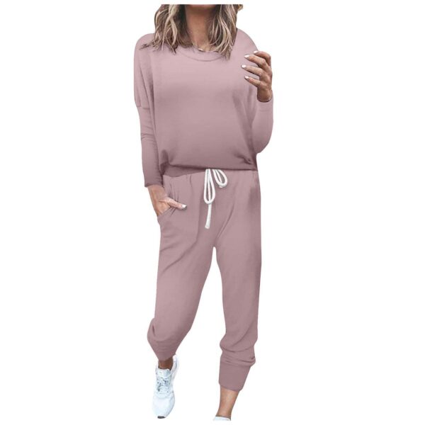 Pink Artificial Cotton Casual Long Sleeve Pants Two-piece Set - Image 3