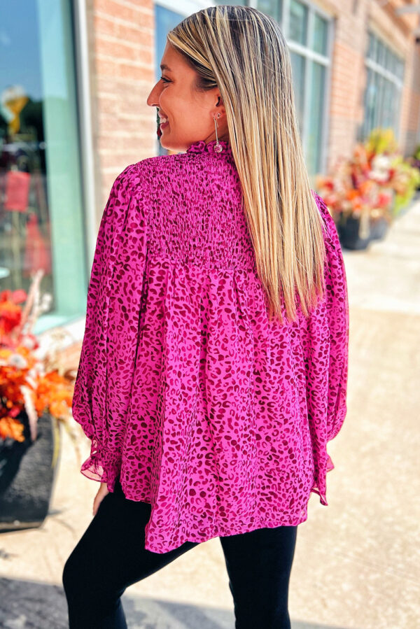 Rose Leopard Shirred Puff Sleeve Flowy Blouse - Image 2