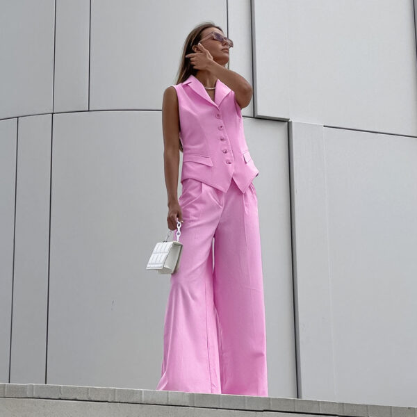 Pink Sleeveless Vest & High-Waist Trousers Set - Image 2