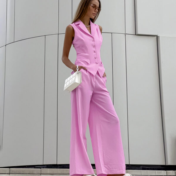 Pink Sleeveless Vest & High-Waist Trousers Set