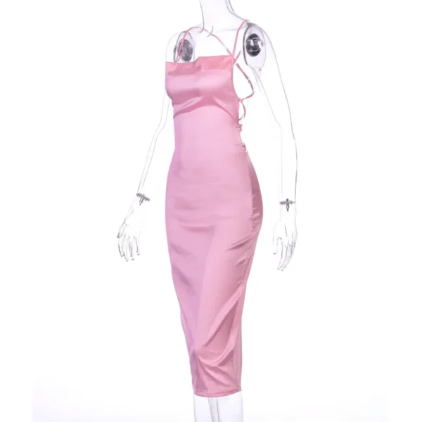 Neon Pink Satin Lace-Up Midi Dress - Image 5