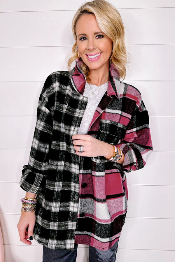 Black & Pink  Plaid Colorblock Loose Shacket - Image 4