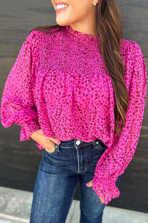 Rose Leopard Shirred Puff Sleeve Flowy Blouse - Image 5