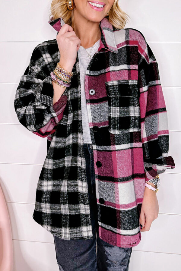 Black & Pink  Plaid Colorblock Loose Shacket