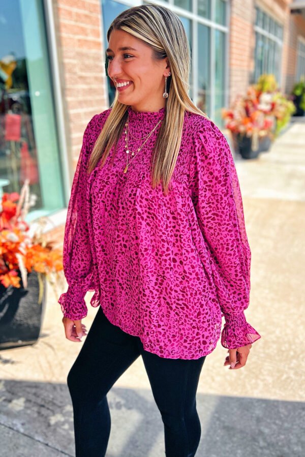 Rose Leopard Shirred Puff Sleeve Flowy Blouse - Image 3