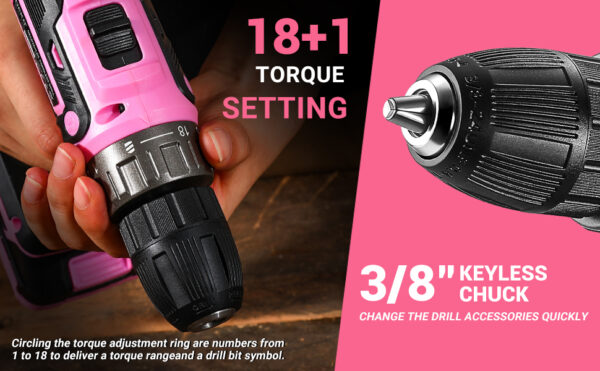 Power Drill Cordless: DEKO Pink Cordless Drill 20V Electric Power Drill Set Tool for Women - Image 8