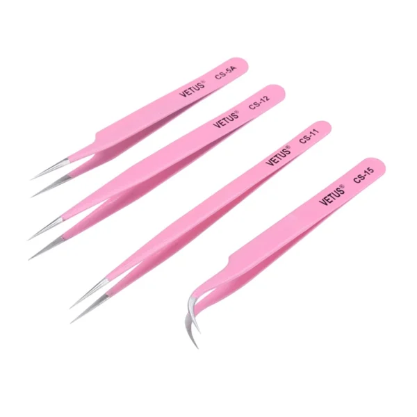 Original VETUS Precision Tweezers CS-11 CS-12 CS-15 CS-5A Pink Stainless Steel Curved Straight Tip Forceps for Phone Repair Tool