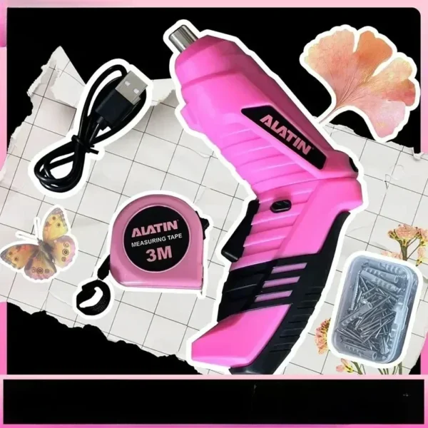 Pink Household Tool Box  with Hammer and  Charging Lithium Battery Screwdriver, - Image 4