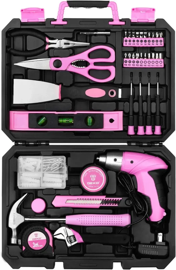 DEKO Pink 98 Piece Tool Set,General Household Hand Tool Kit with Plastic Toolbox Storage Case