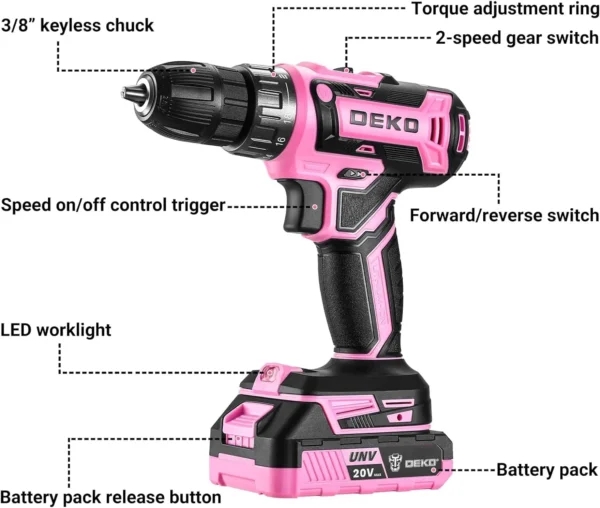 Power Drill Cordless: DEKO Pink Cordless Drill 20V Electric Power Drill Set Tool for Women - Image 2