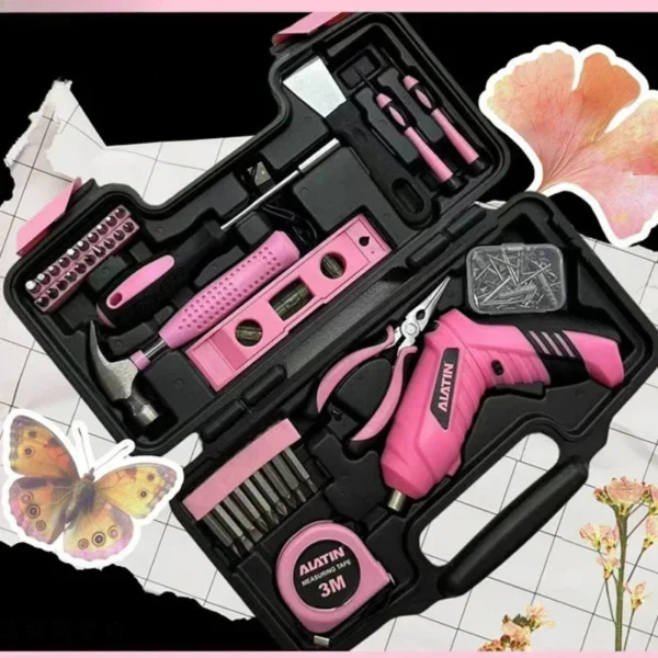 Pink Household Tool Box  with Hammer and  Charging Lithium Battery Screwdriver,