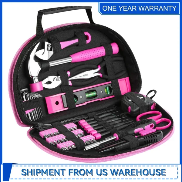 Pink Tool kit 69 Piece Ladies Hand Tool Set with Easy Carrying Round Pouch Household Tool Kit for DIY Home Maintenance - Image 2