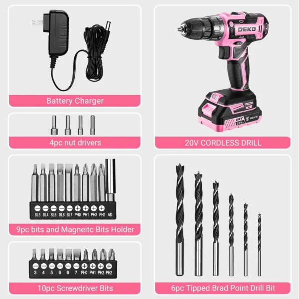 Power Drill Cordless: DEKO Pink Cordless Drill 20V Electric Power Drill Set Tool for Women - Image 4