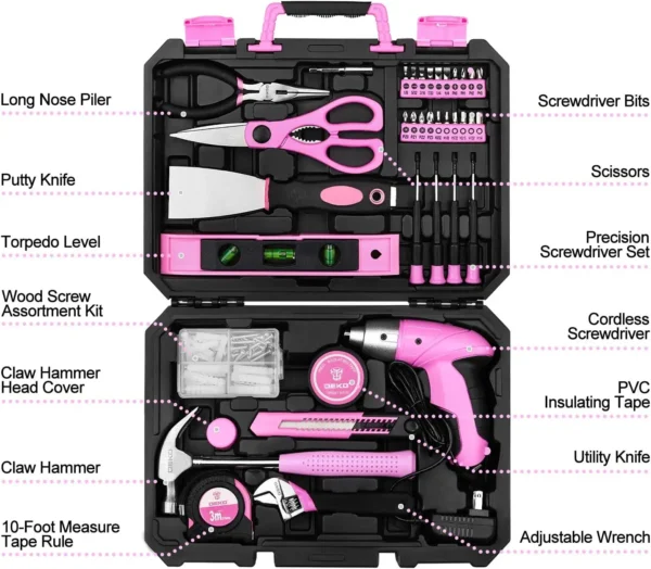 DEKO Pink 98 Piece Tool Set,General Household Hand Tool Kit with Plastic Toolbox Storage Case - Image 2