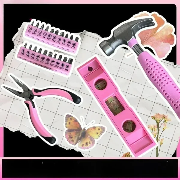 Pink Household Tool Box  with Hammer and  Charging Lithium Battery Screwdriver, - Image 5