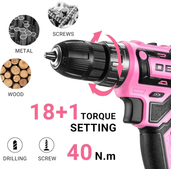 Power Drill Cordless: DEKO Pink Cordless Drill 20V Electric Power Drill Set Tool for Women - Image 3