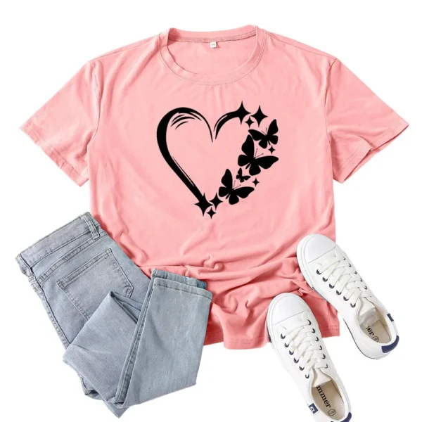 Pink Butterfly Heart Print T Shirt Women Short S