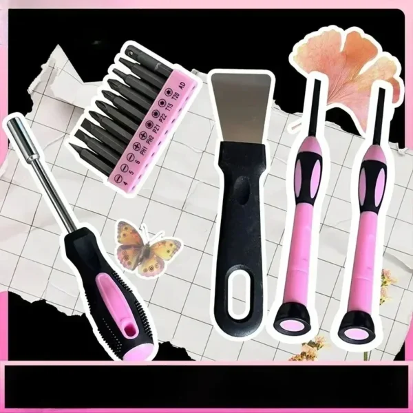 Pink Household Tool Box  with Hammer and  Charging Lithium Battery Screwdriver, - Image 3