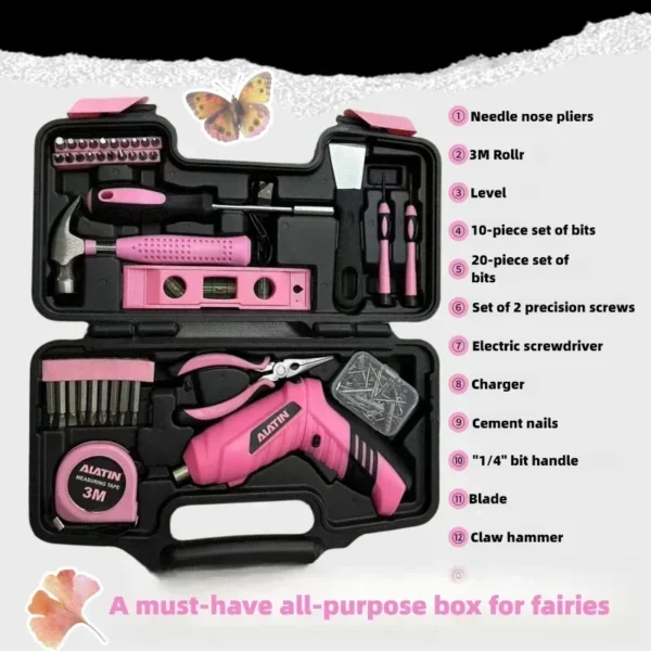 Pink Household Tool Box  with Hammer and  Charging Lithium Battery Screwdriver, - Image 6