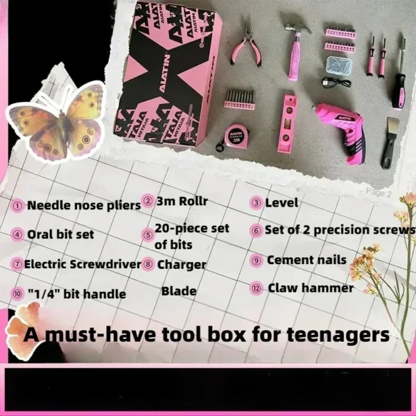 Pink Household Tool Box  with Hammer and  Charging Lithium Battery Screwdriver, - Image 2