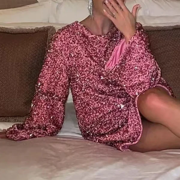 New Sexy Hot Pink Sequined Night Club Party Dress Women Fashion Backless Black Bowknot Bandage Birthday Princess Dress Prom Gown - Image 2