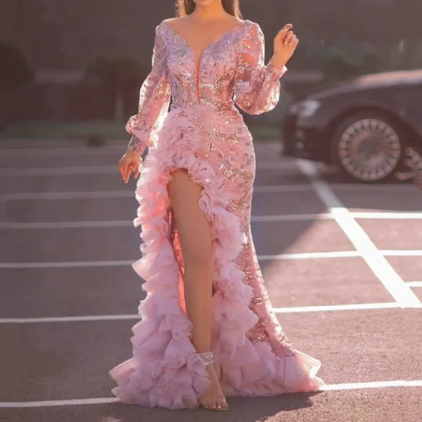 Sexy Sweet Mesh Ruffles Sequin Maxi Dress