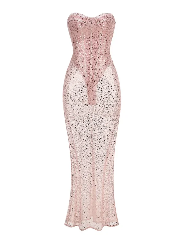Pinnk  Crystal Embroidery See Through Celebrity Evening Club Party Dresses - Image 2