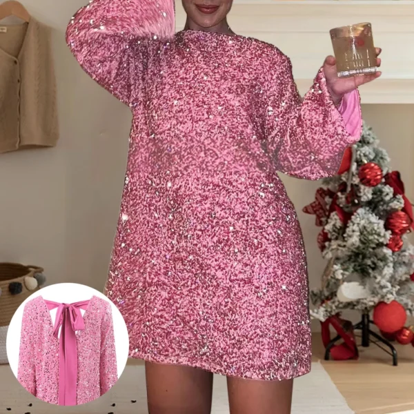 New Sexy Hot Pink Sequined Night Club Party Dress Women Fashion Backless Black Bowknot Bandage Birthday Princess Dress Prom Gown - Image 5
