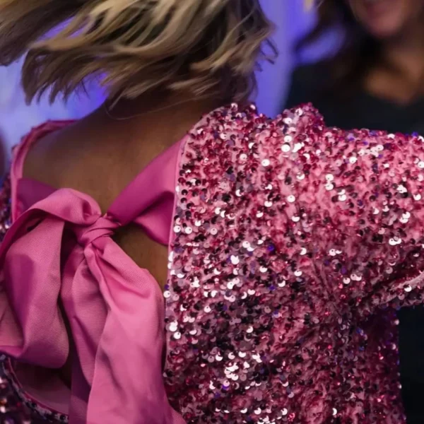 New Sexy Hot Pink Sequined Night Club Party Dress Women Fashion Backless Black Bowknot Bandage Birthday Princess Dress Prom Gown - Image 3