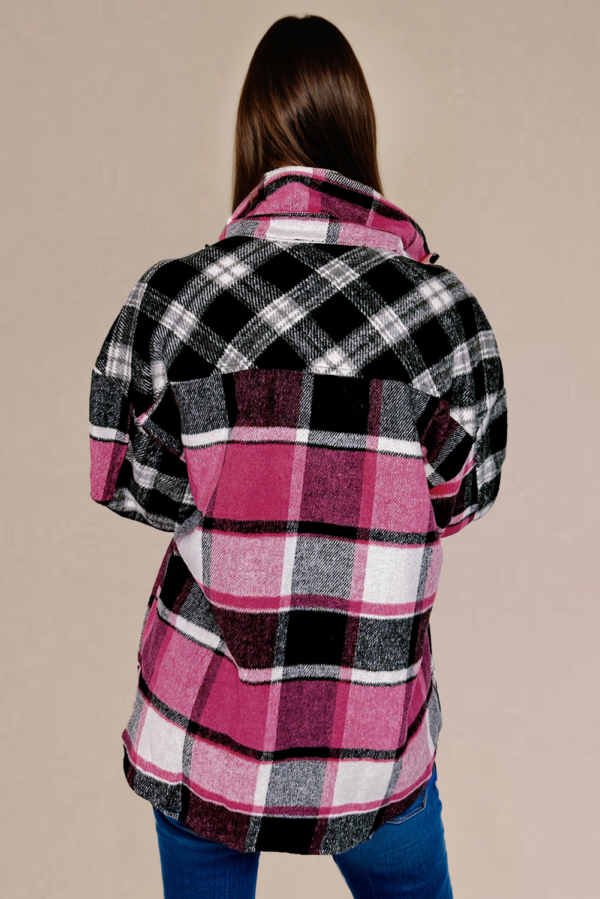 Black & Pink  Plaid Colorblock Loose Shacket - Image 3