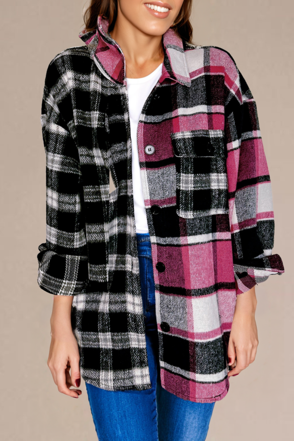 Black & Pink  Plaid Colorblock Loose Shacket - Image 4