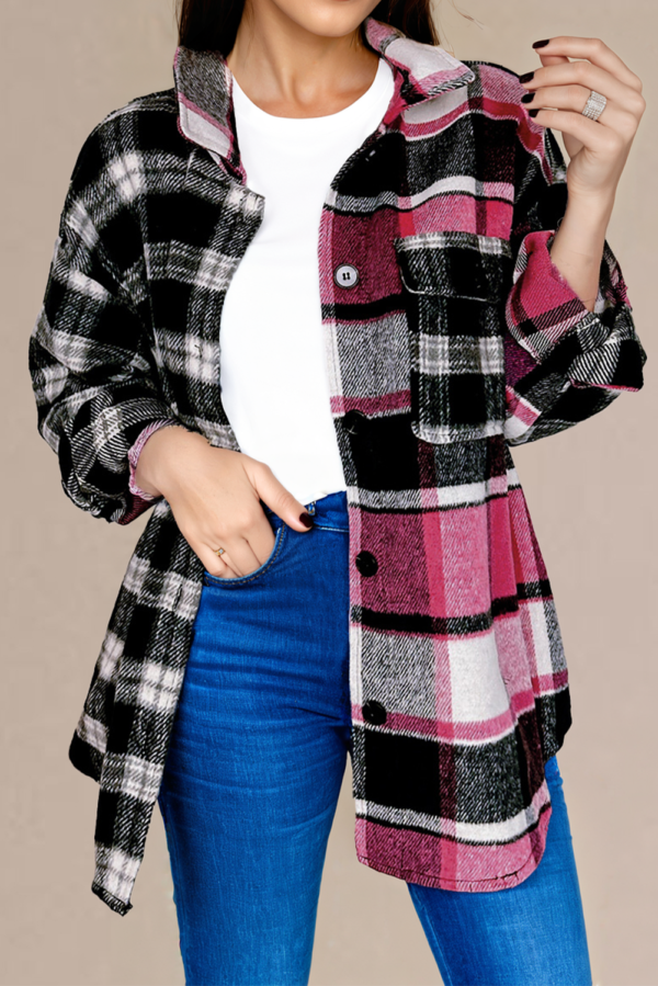 Black & Pink  Plaid Colorblock Loose Shacket - Image 2